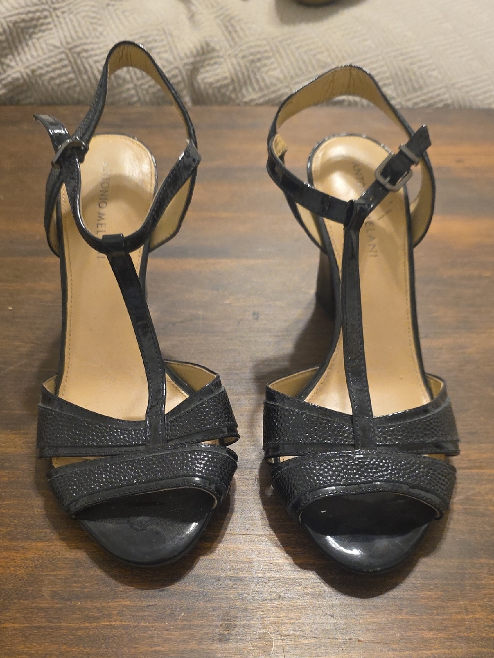 ANTONIO MELANI Black T-Strap Textured High Heel Sandals